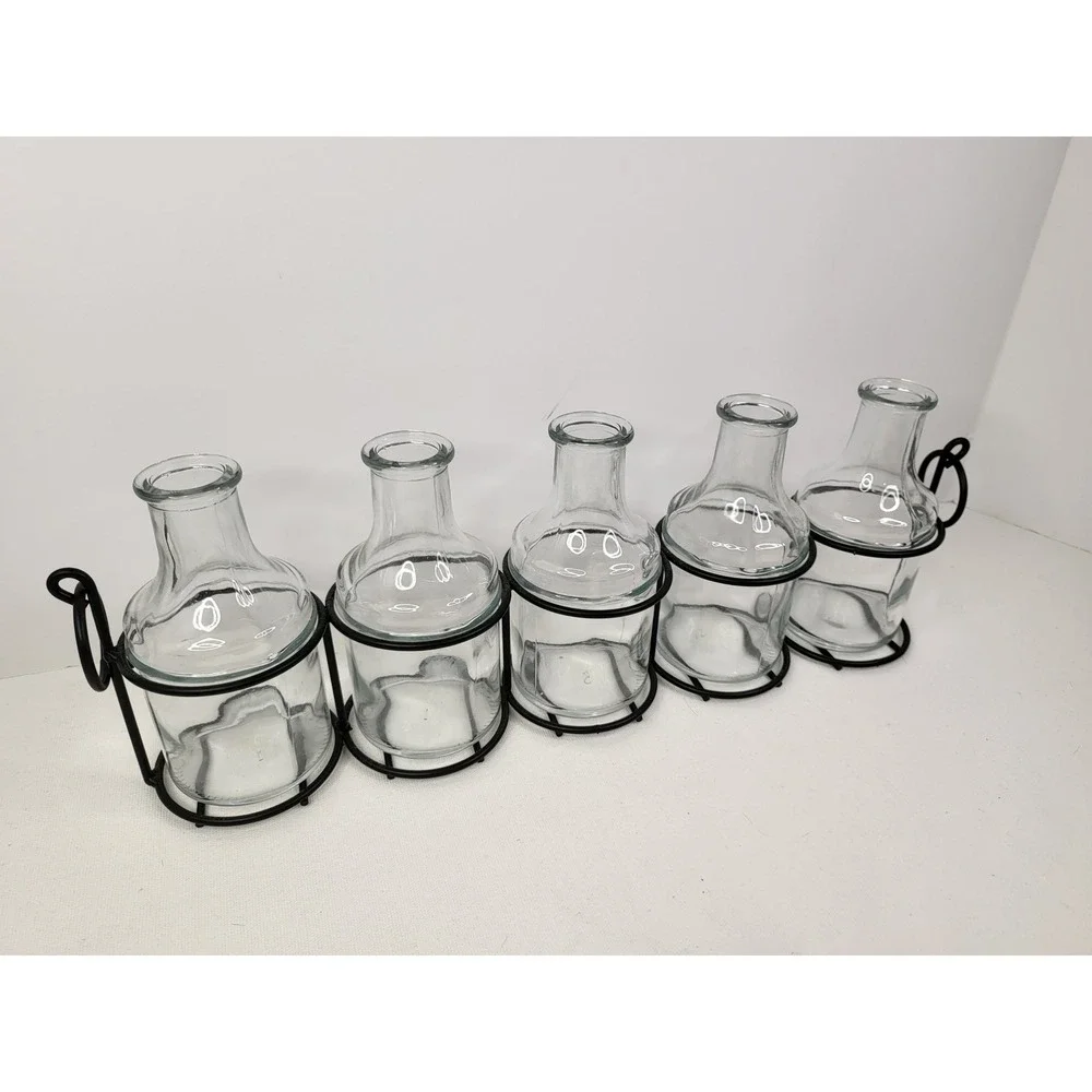 5 Piece Glass Bud Vase Set with Black Metal Wire Rack Caddy Farmhouse Decor